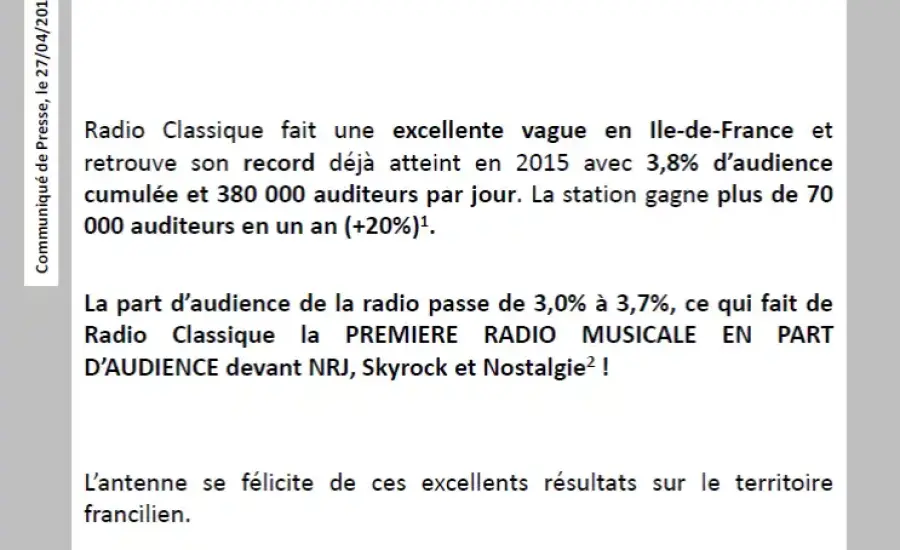 CP - Radio Classique, avril 2017
